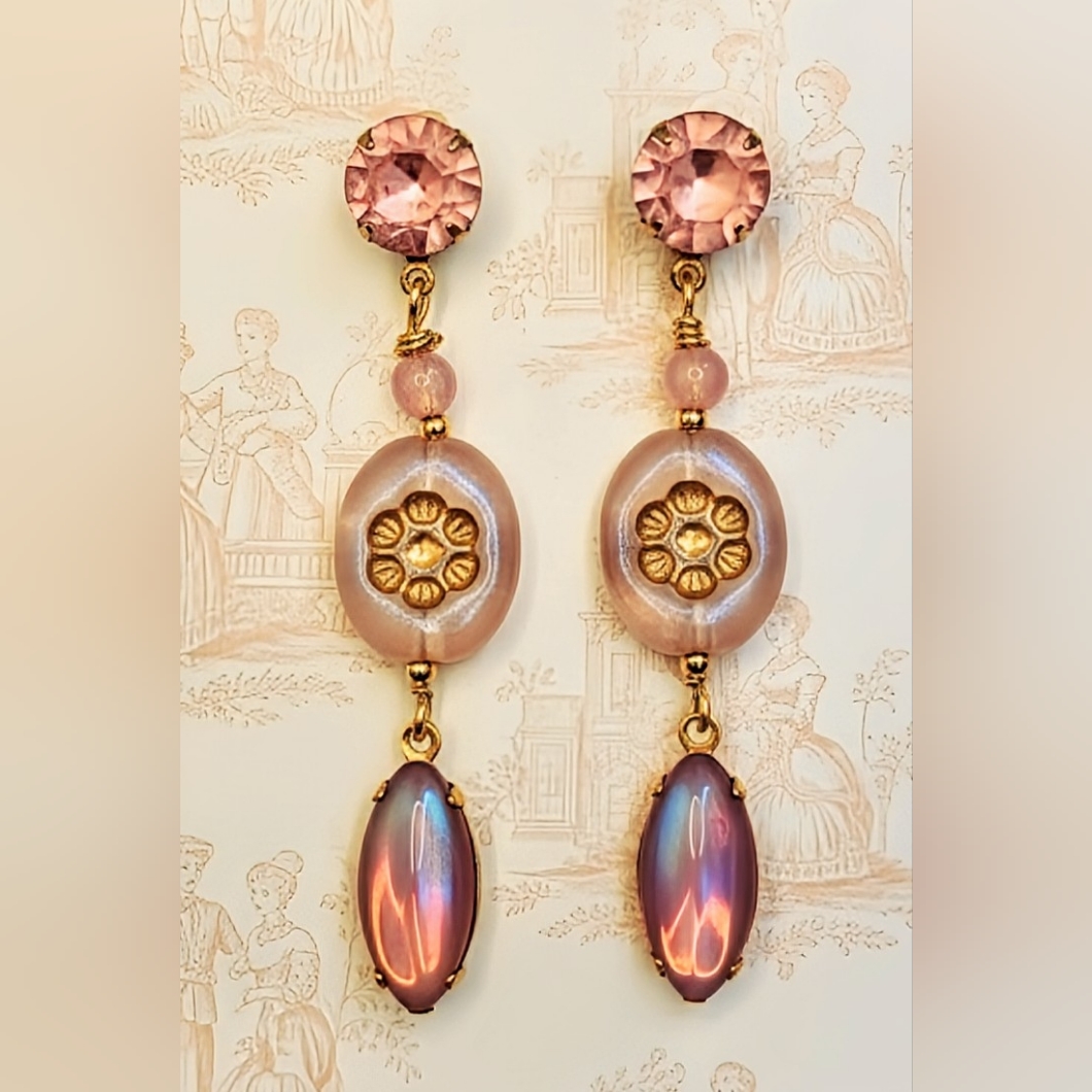 Victorian Milky Pink Opaline Flower In Three Tier Gold Plated Earrings